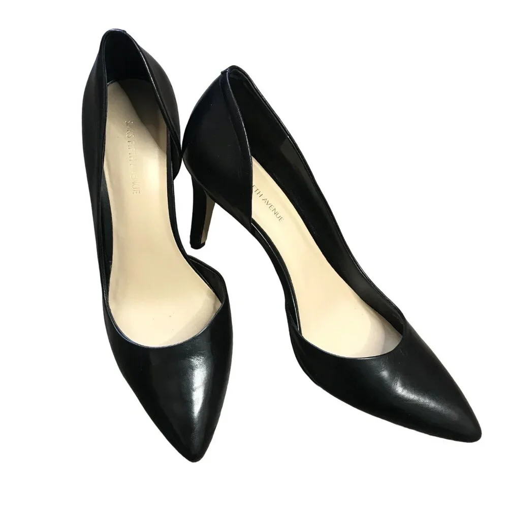Saks Fifth Avenue Black Nettie Heels Women's Size 8M‎ Leather Classic Mid Height